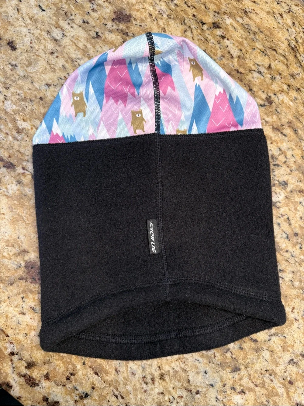 Black Fleece Balaclava Beanie with Pink & Blue Patterned Top - Child